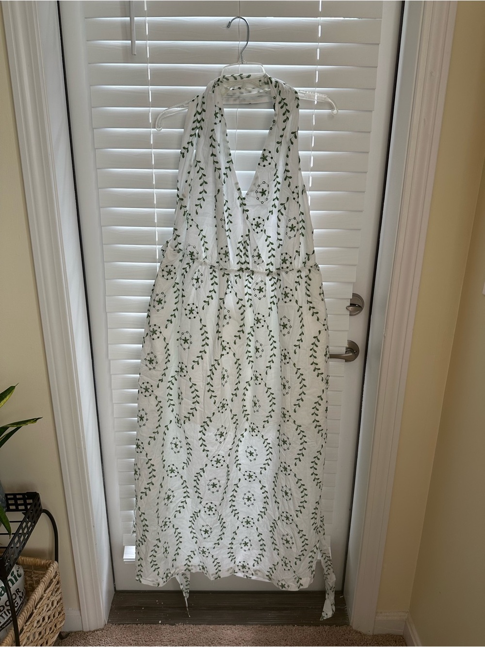 a new day White Halter Maxi Dress with Green Vine Embroidery